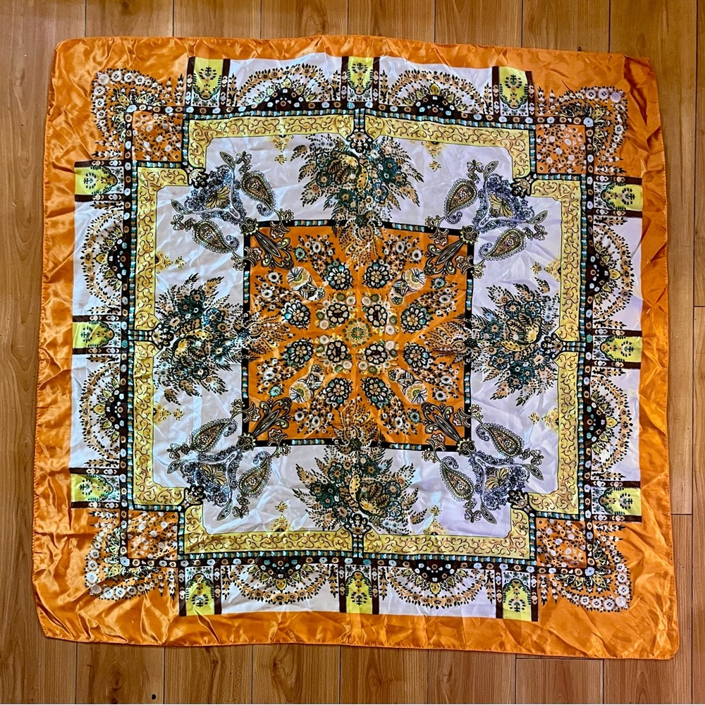Vintage Silk Scarf Paisley Floral Orange & Yellow 60s 70s Retro Square 34" MCM